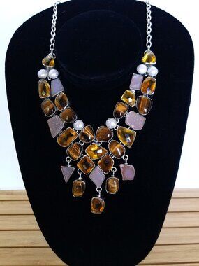 Tiger Eye, Citrine, FW Pearl & Agate Druzy Statement Bib Necklace 925